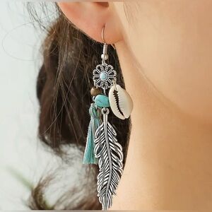 *FREE GIFT GIVEAWAY* NEW faux Turquoise Earrings, Silvery feather, tassel, shell